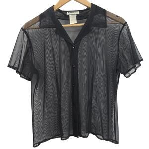 Knitmixx Womens Vtg 90s Y2K Festival Rave Goth Black Sheer Mesh Button Up Top S